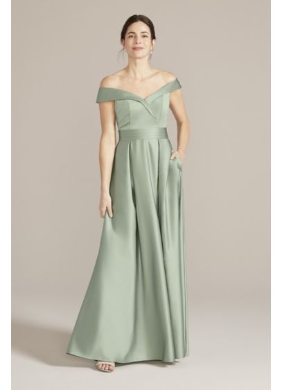 Off-the-Shoulder Pleated Satin A-Line - Sleek, shiny satin moves with you in this